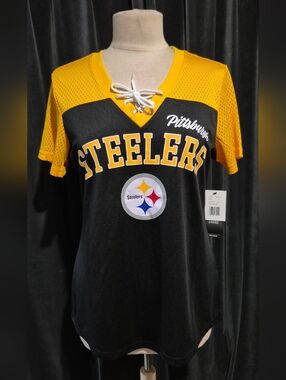 Pittsburgh Steelers Lace-Up V-Neck Jersey Tee - Black & Gold